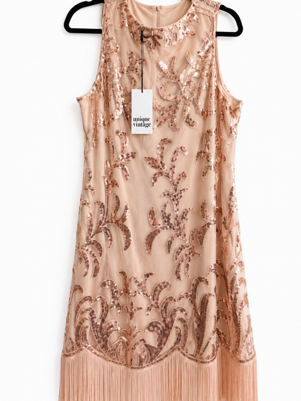 ✨ Unique Vintage Rose Gold Sequin Fringe Flapper Dress | XL | Great Gatsby